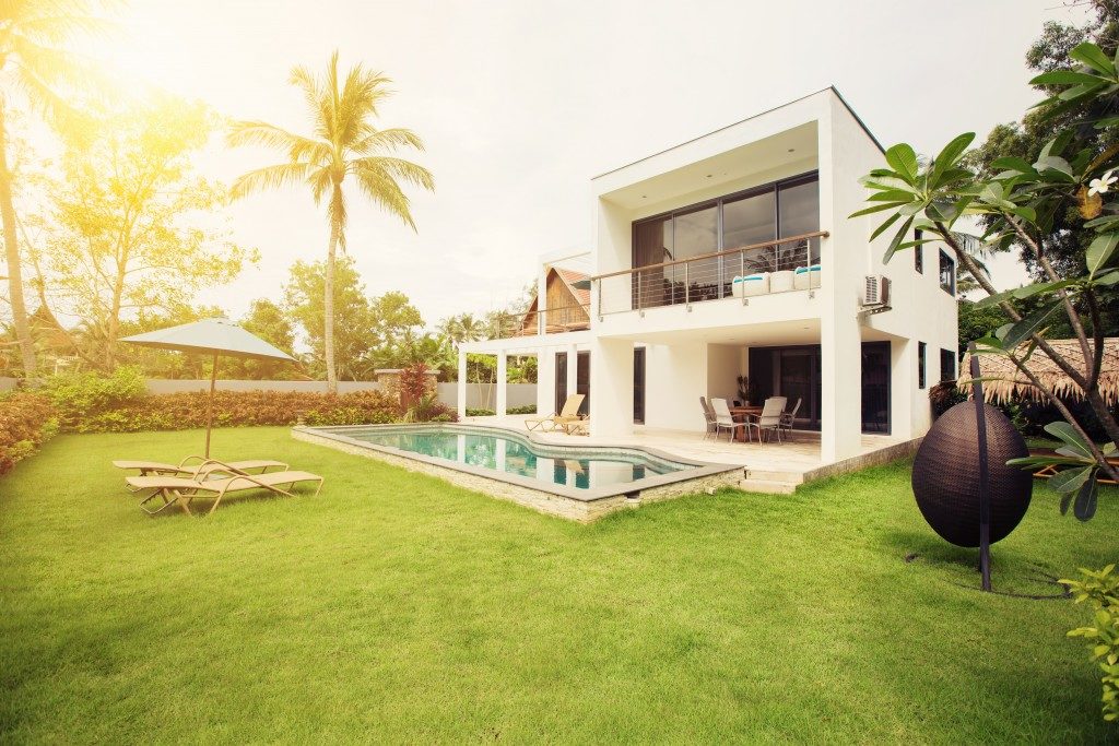 Modern house backyard with pool and garden