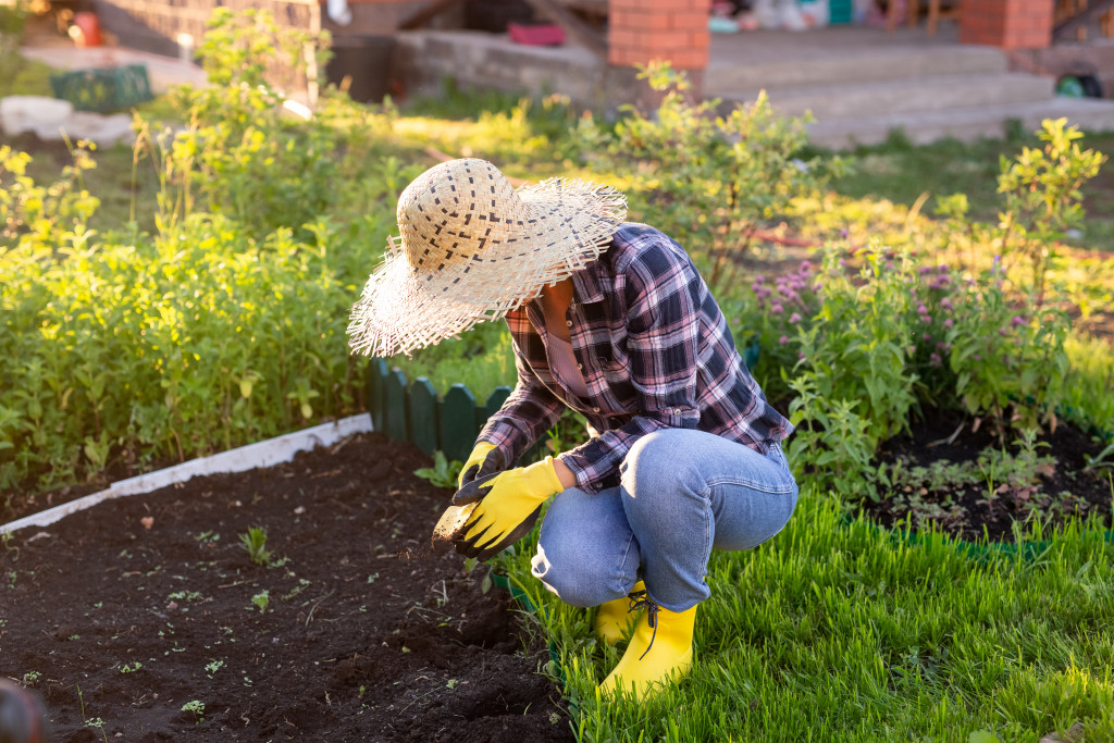 Gardener prepares soil for planting