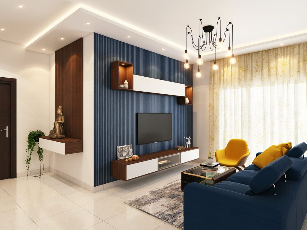 Modern living room with blue wall accent