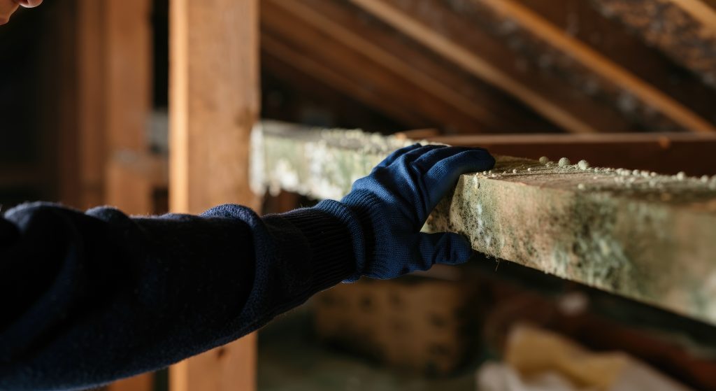 close-up of a man inspecting mold in an attic